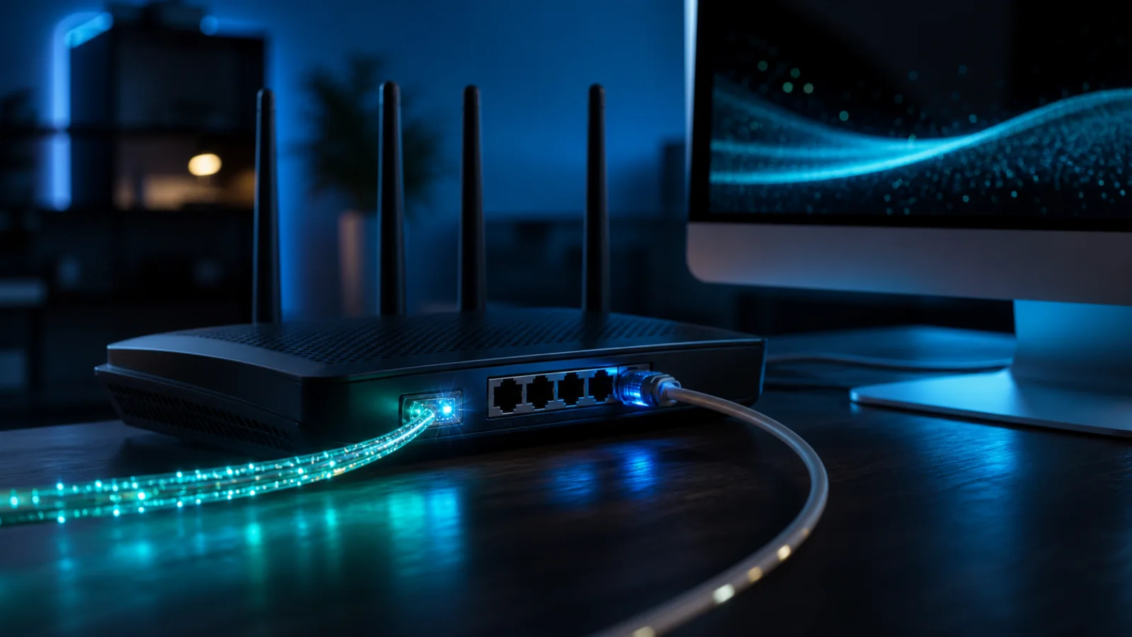 A luminous fiber connection entering a router linked to a desktop computer by Ethernet