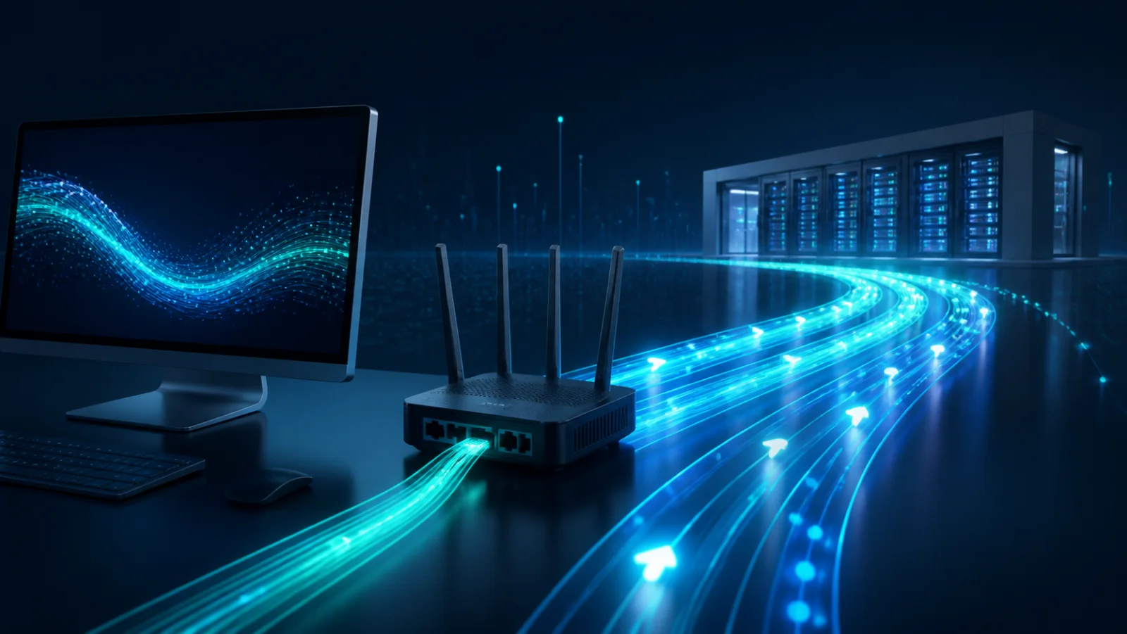 A computer and router sending repeatable Internet measurements to a neutral data center