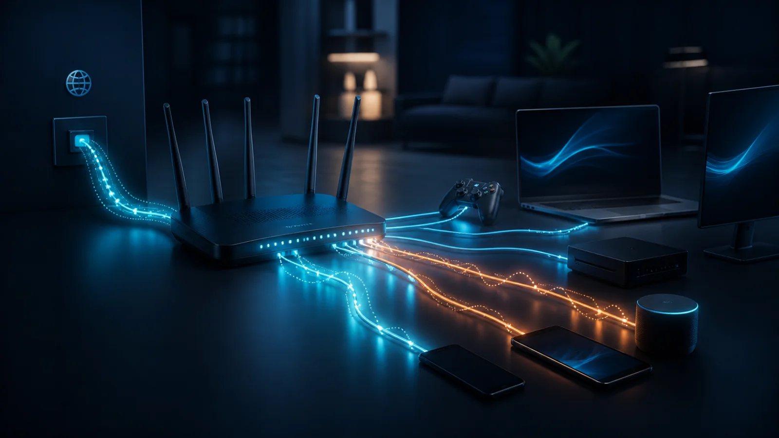 A home network with a highlighted congested path being diagnosed