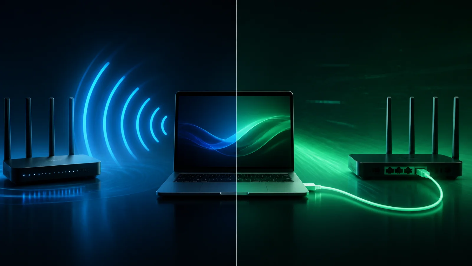 A laptop comparing a blue Wi-Fi path with a green Ethernet connection