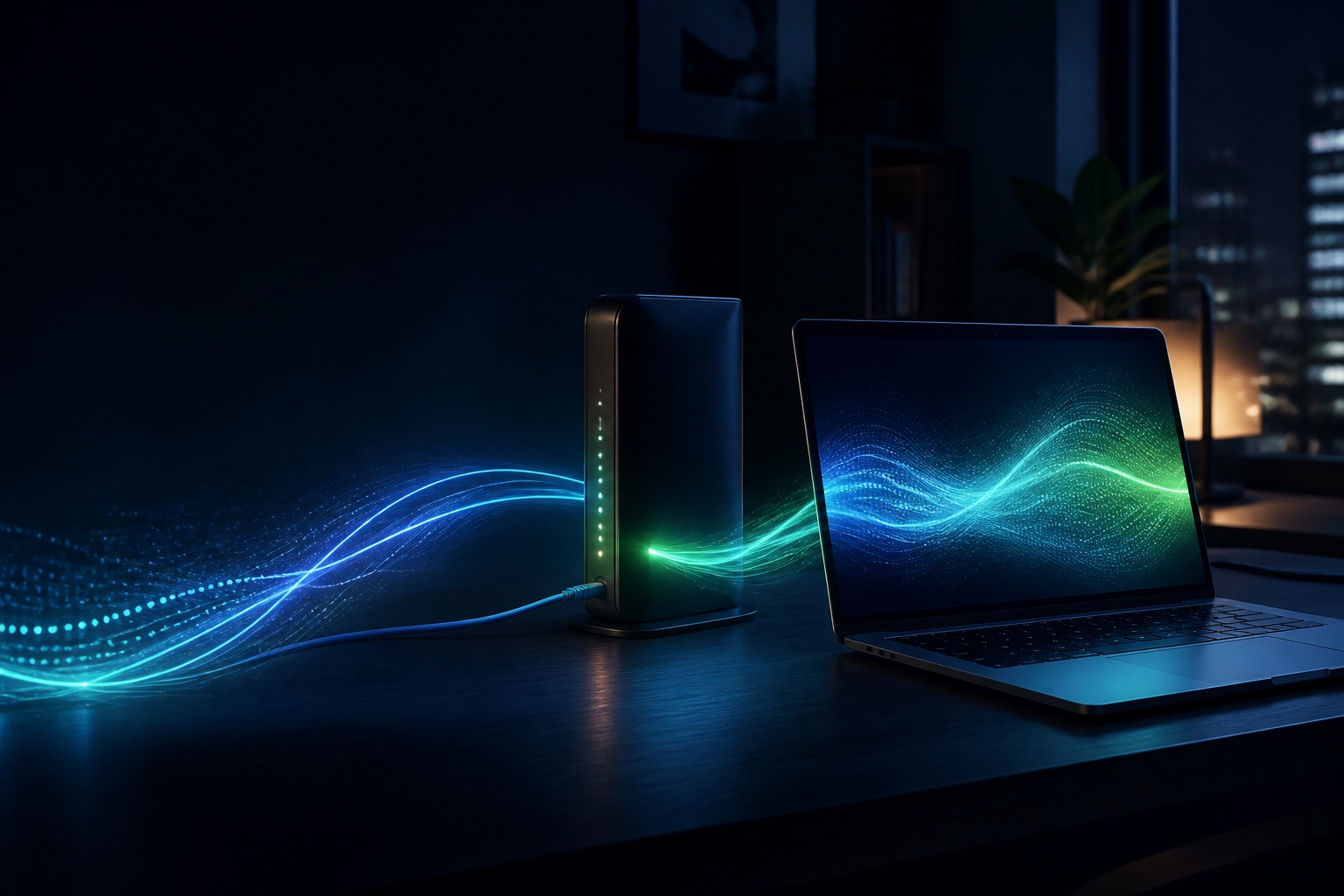 A modern router and laptop connected by a luminous data pulse